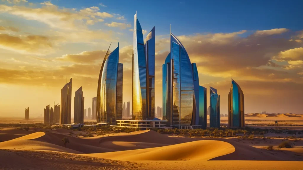 a city skyline with tall buildings in the desert