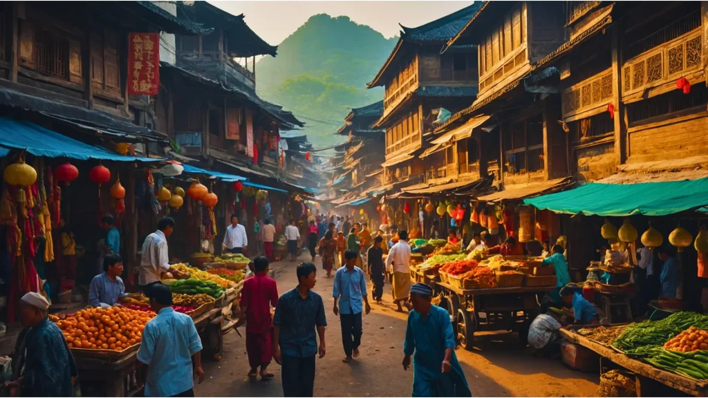 a group of people walking in a street market