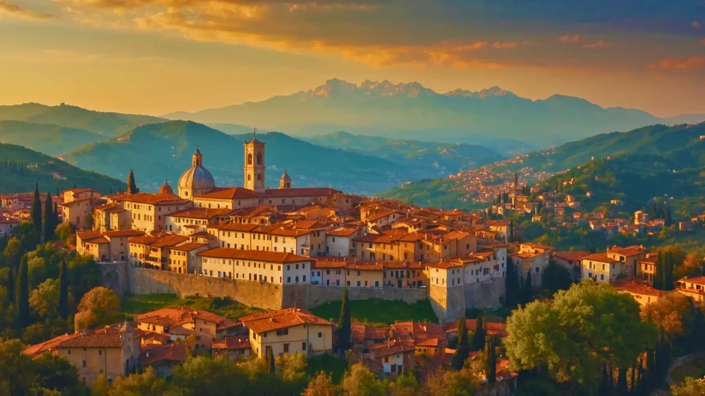 a large town with many red roofs