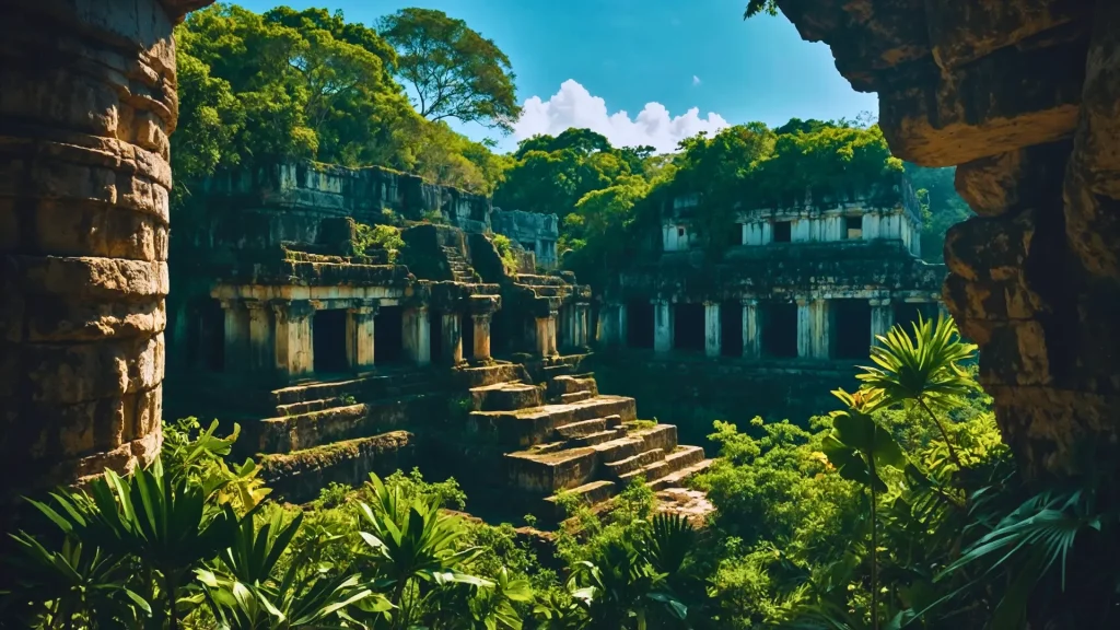 a stone building with trees and bushes