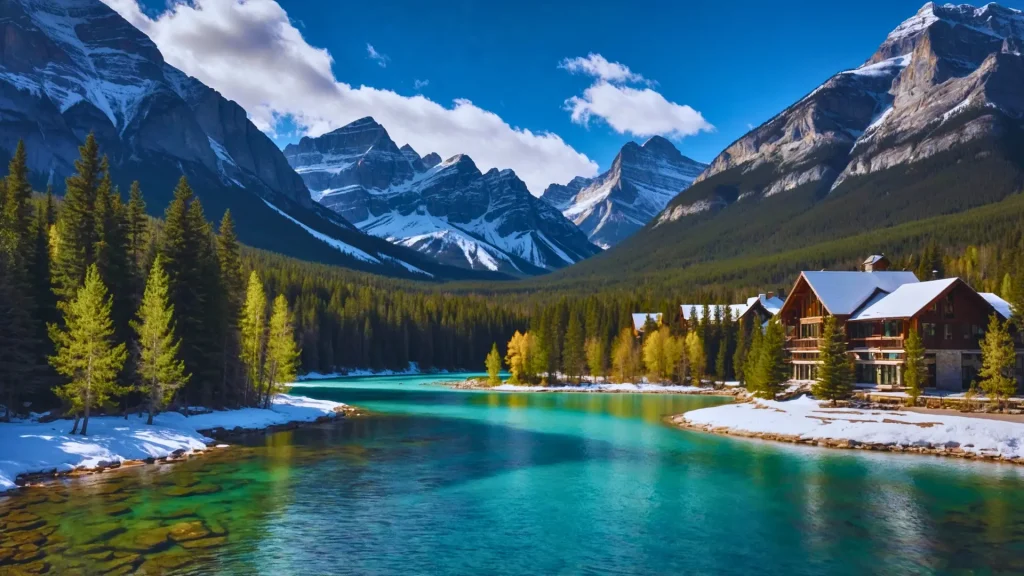 a river with a house and mountains in the background