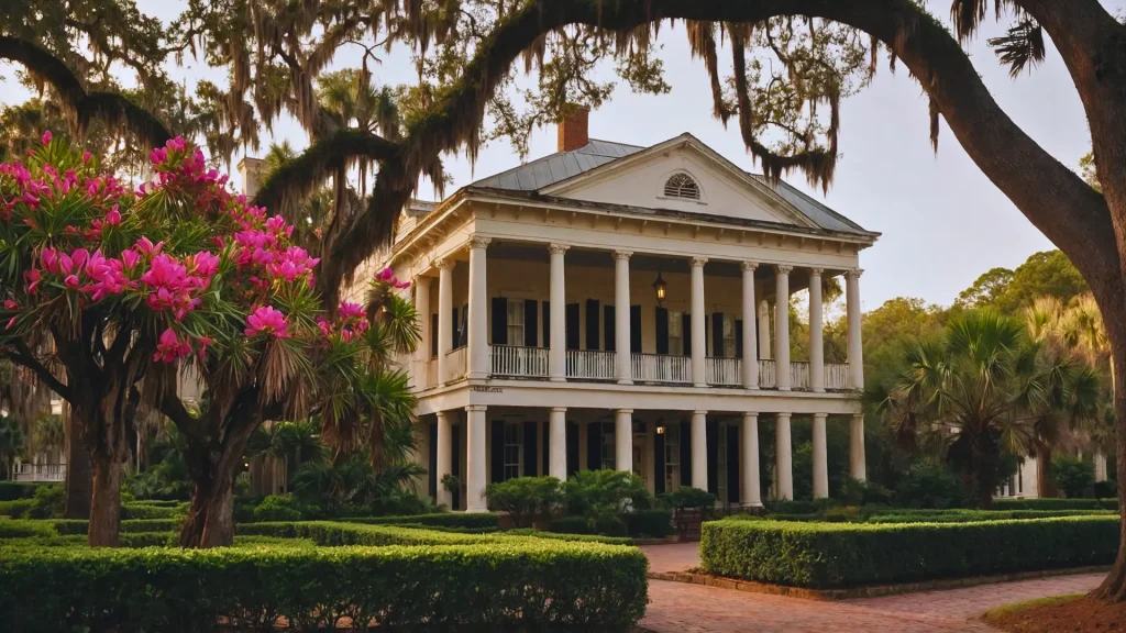 a white building with columns and a brick walkway