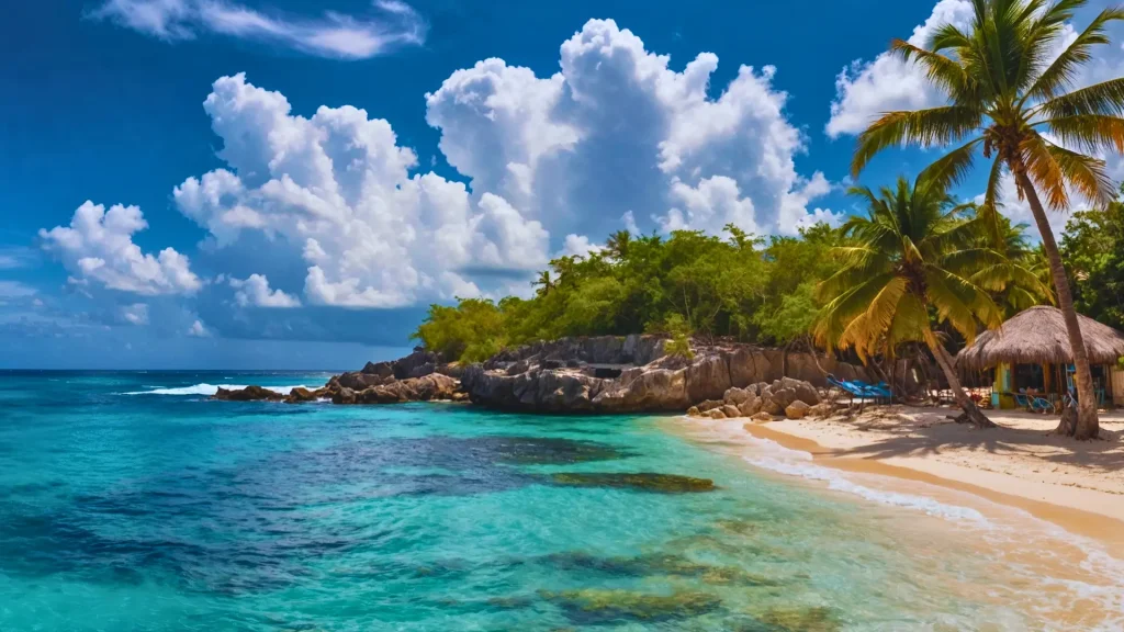 a beach with palm trees and blue water