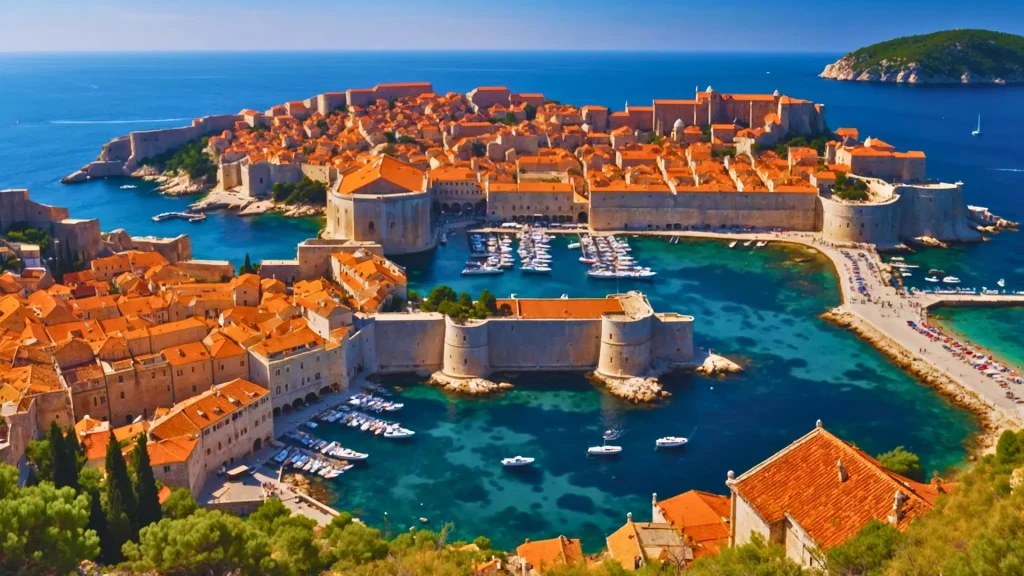 an aerial view of a city with red roofs and boats in the water