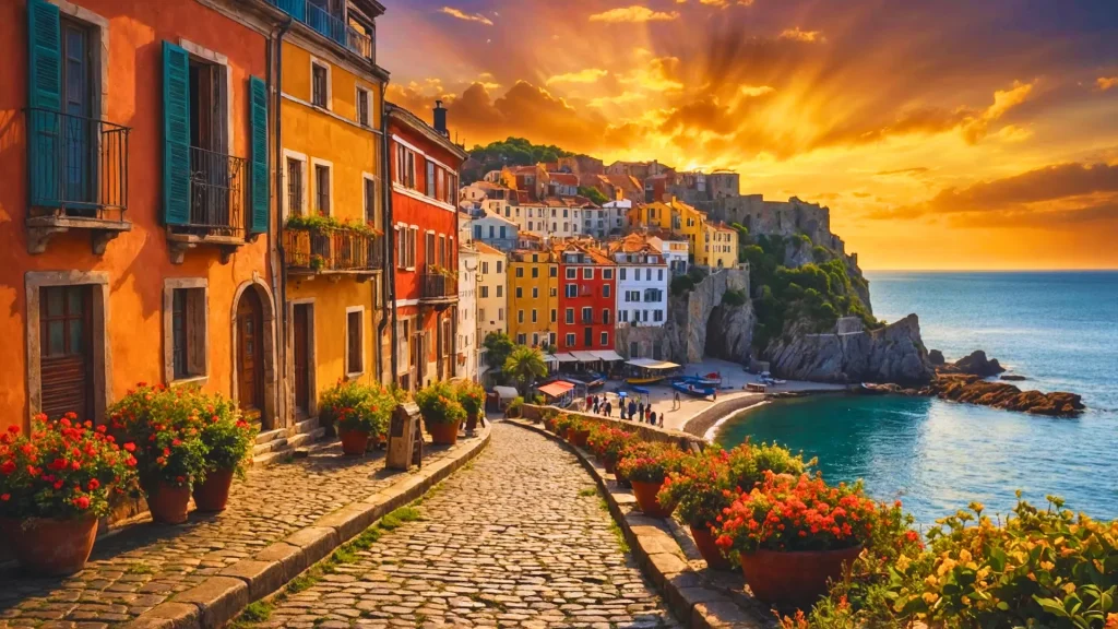 a stone path with colorful buildings and flowers on the side of a body of water