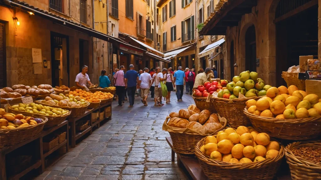 a group of people walking down a street with baskets of fruit