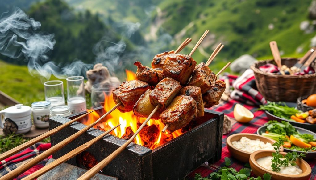Kazbegi food guide - Mtsvadi grilled meat skewers Kazbegi food guide - Mtsvadi grilled meat skewers