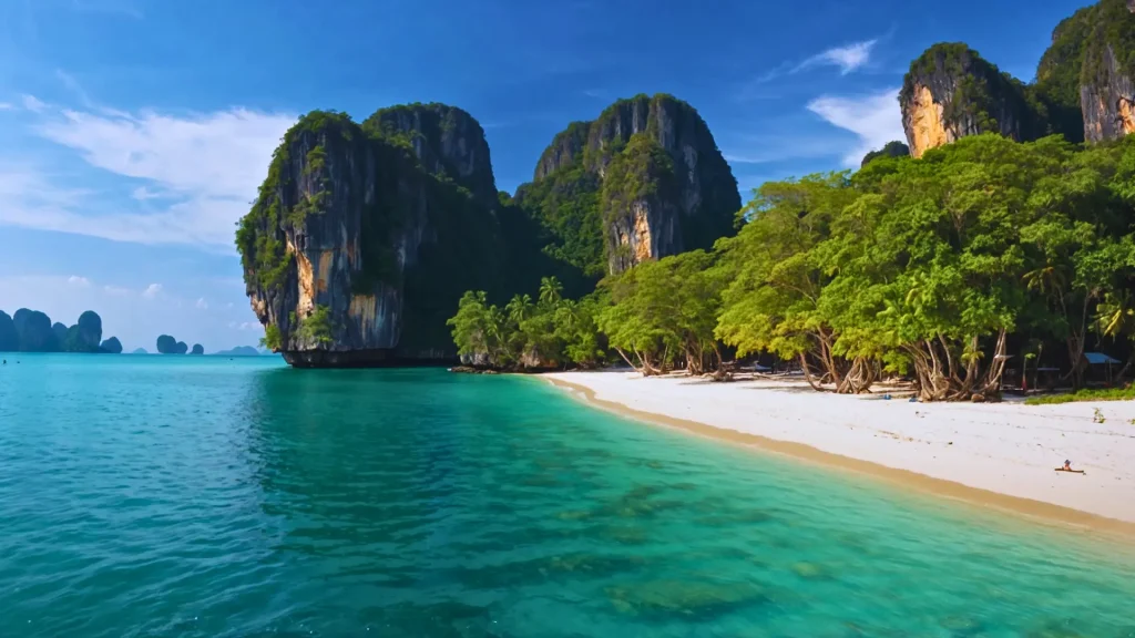 a beach with trees and a white sand beach