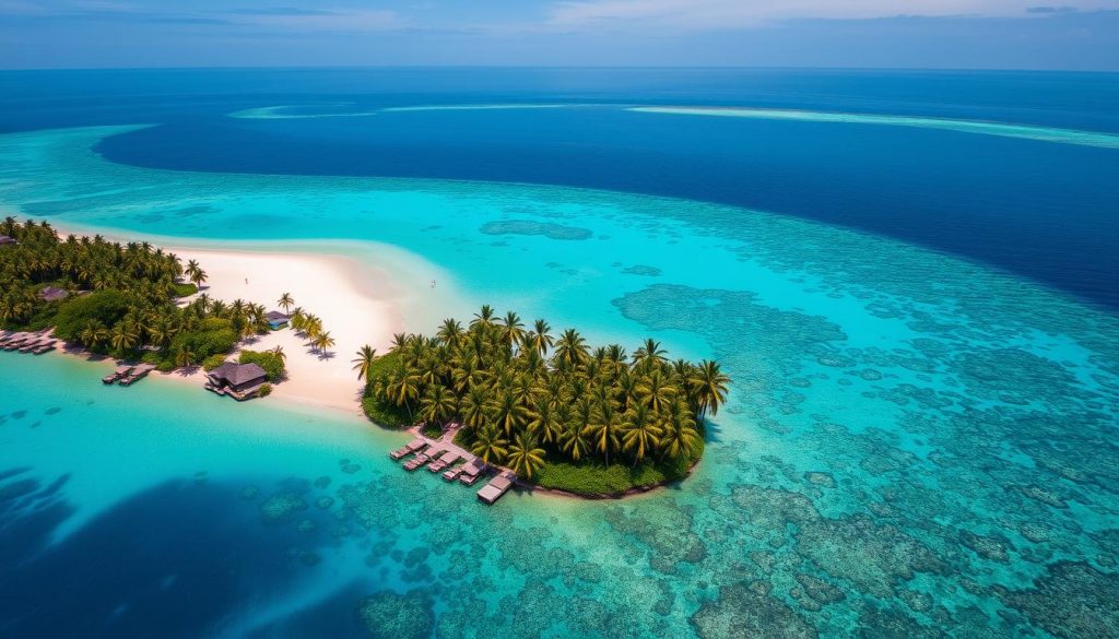 Maayafushi Island overview with lush greenery and sandy beaches Maayafushi Island overview with lush greenery and sandy beaches