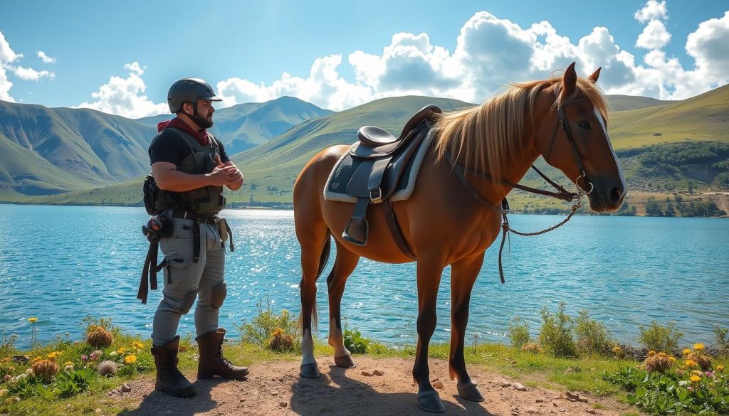 Preparing for horseback riding Lake Sevan Preparing for horseback riding Lake Sevan
