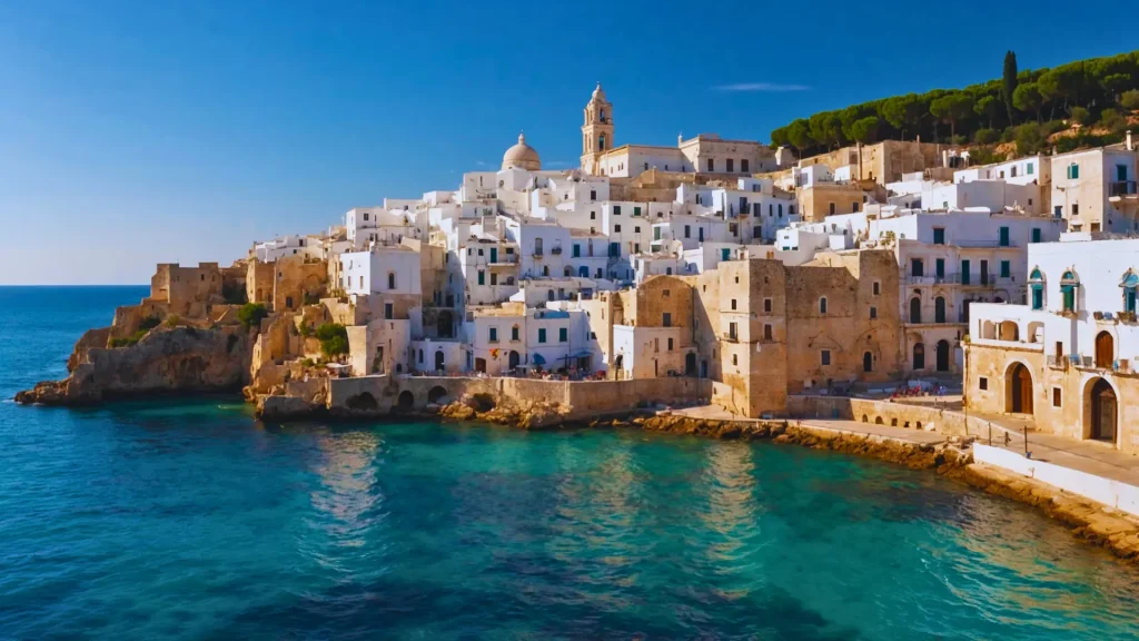 a white buildings on a hill next to a body of water