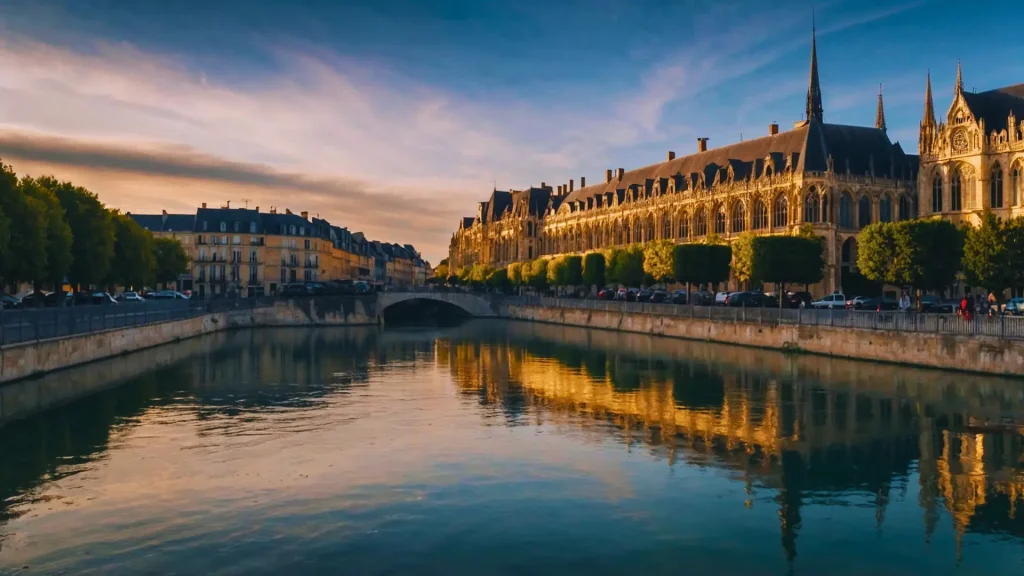 a river with a bridge and a building