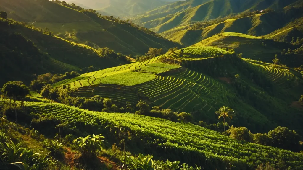 a green hills with rows of plants