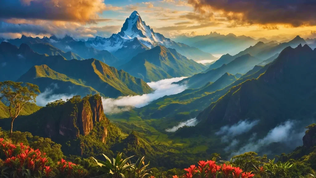 a mountain range with flowers and clouds