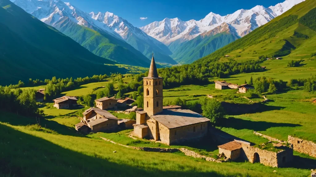 a stone building in a valley with mountains in the background