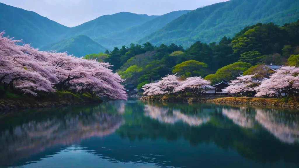 a lake with trees and mountains in the background