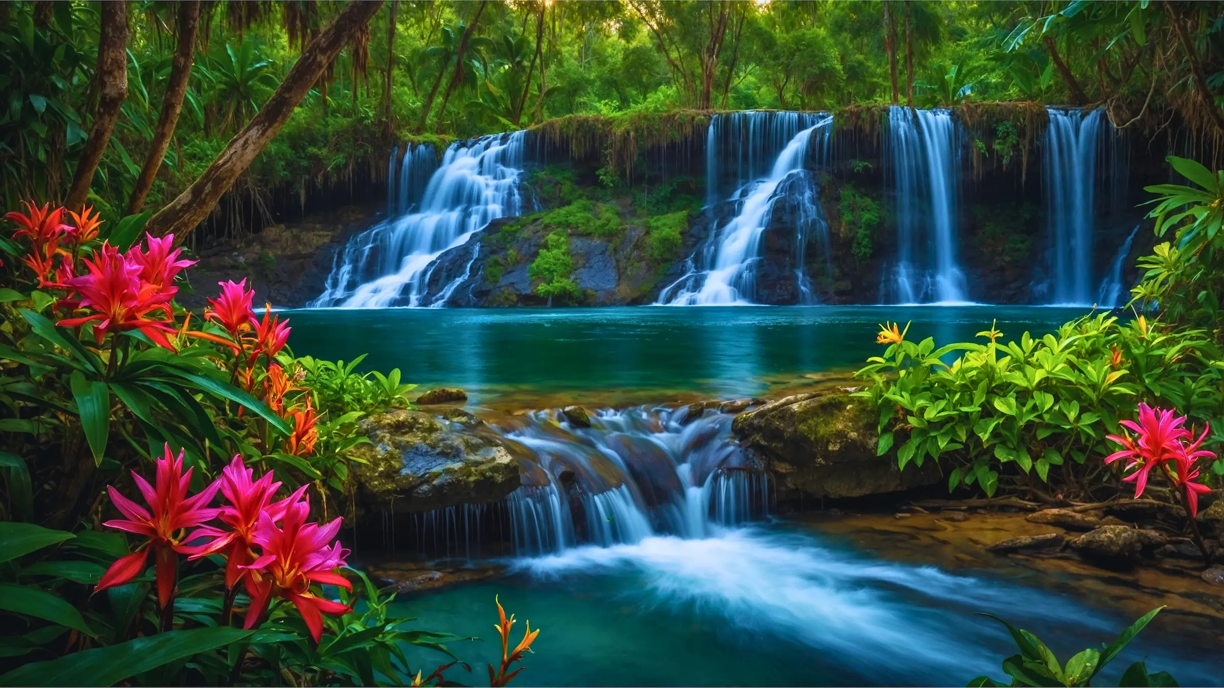 a waterfall surrounded by flowers