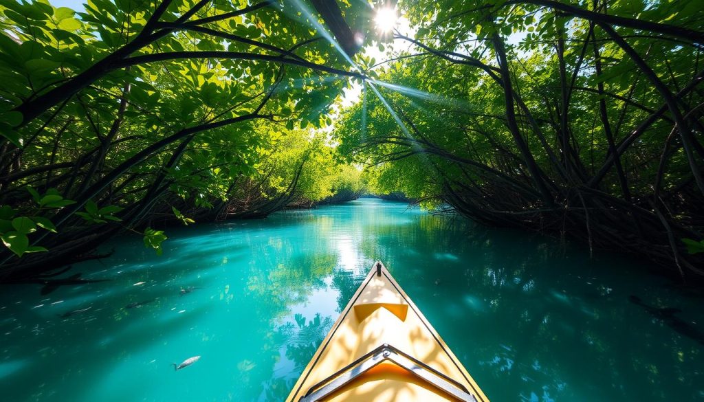 Kayaking through Peterson Cay mangroves near Freeport Kayaking through Peterson Cay mangroves near Freeport