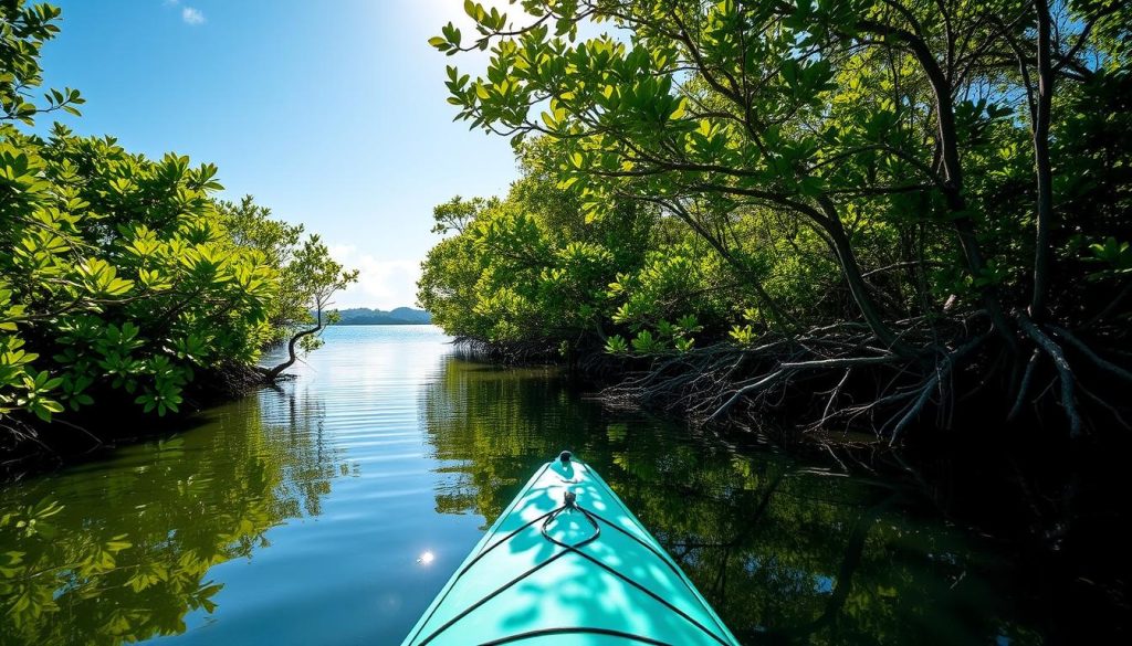 Kayaking through Peterson Cay mangroves near Freeport Kayaking through Peterson Cay mangroves near Freeport
