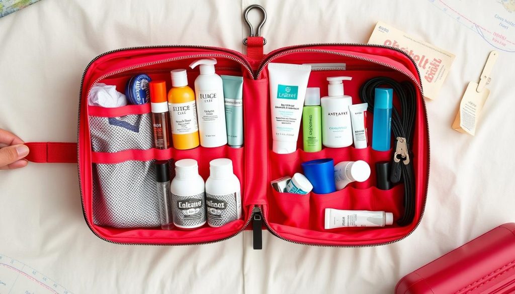 Structured toiletry kit for multiple stops Structured toiletry kit for multiple stops