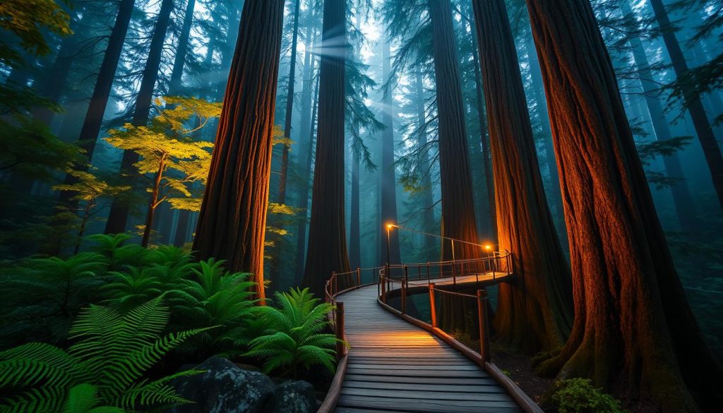 Redwoods Treewalk illuminated trees Redwoods Treewalk illuminated trees