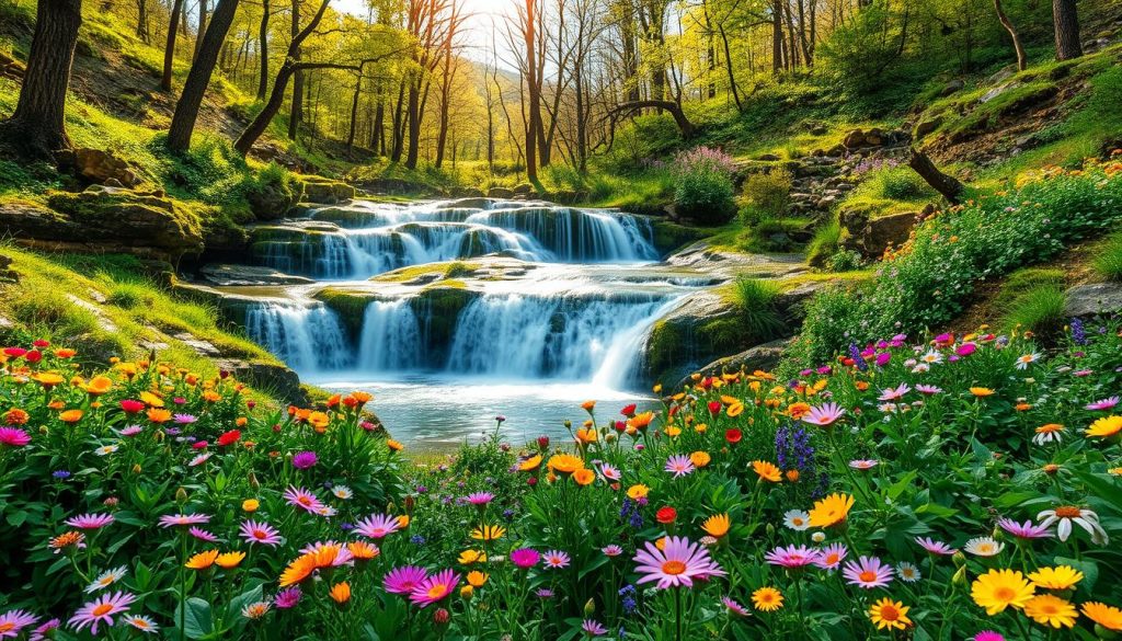 Spring Waterfalls and Wildflower Landscapes Spring Waterfalls and Wildflower Landscapes