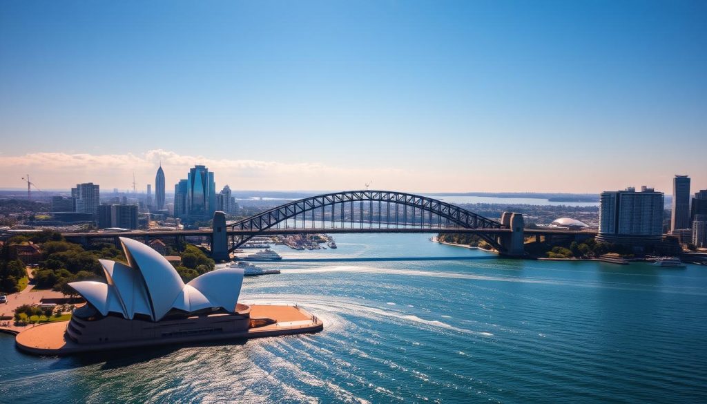 Sydney landmarks featuring Sydney Opera House and Sydney Harbour Bridge Sydney landmarks featuring Sydney Opera House and Sydney Harbour Bridge