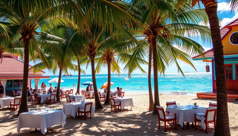 What dining options are available around Dickenson Bay?