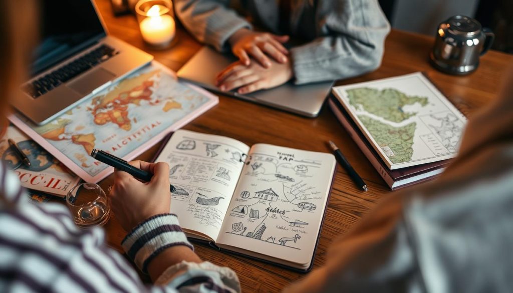 Person journaling travel ideas and interests, planning hyper-personalized travel 2025 journey Person journaling travel ideas and interests, planning hyper-personalized travel 2025 journey