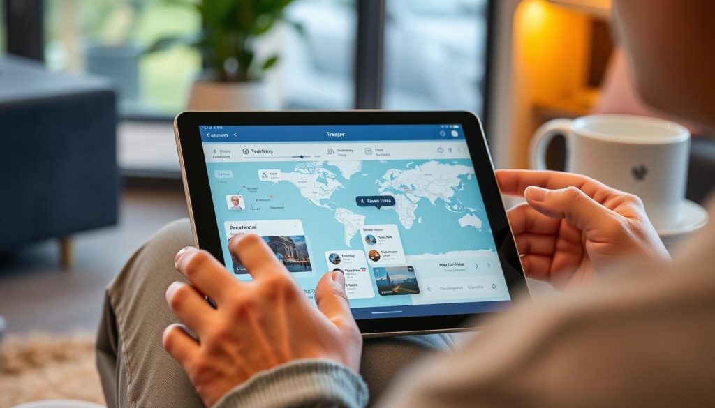 Person using AI travel planning app on tablet, showing hyper-personalized travel 2025 itinerary creation Person using AI travel planning app on tablet, showing hyper-personalized travel 2025 itinerary creation