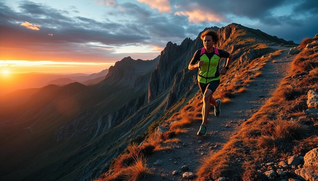 Trail runner on mountain path during sunrise, representing sport mode hyper-personalized travel 2025 Trail runner on mountain path during sunrise, representing sport mode hyper-personalized travel 2025