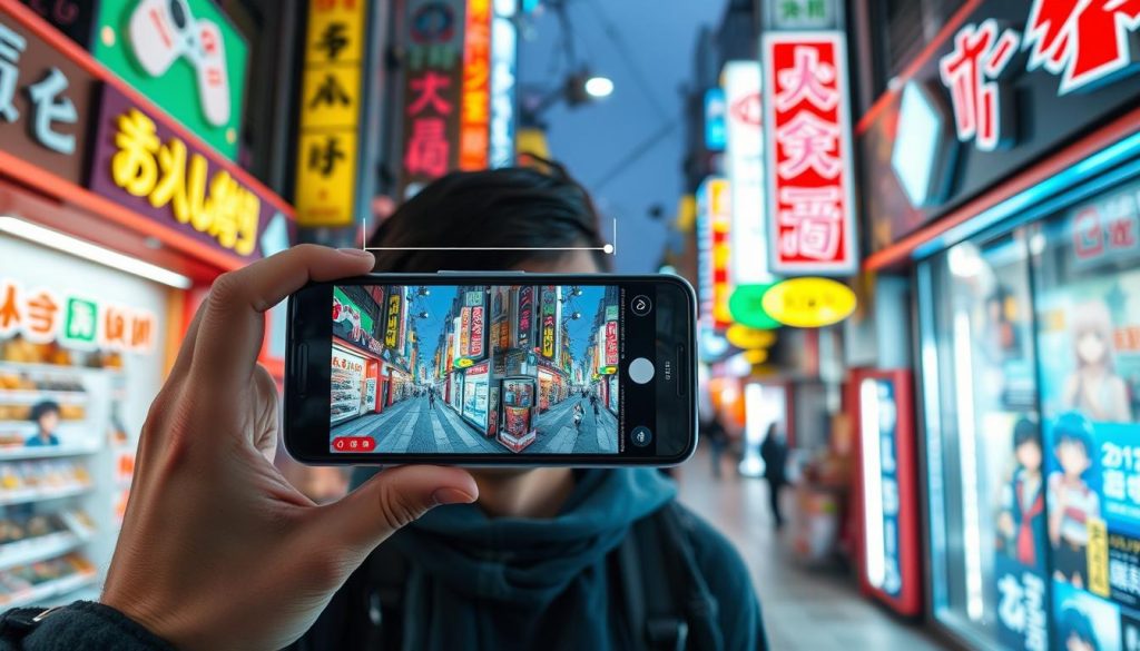 Traveler using augmented reality app in Tokyo's gaming district, example of gami-vacation hyper-personalized travel 2025 Traveler using augmented reality app in Tokyo's gaming district, example of gami-vacation hyper-personalized travel 2025