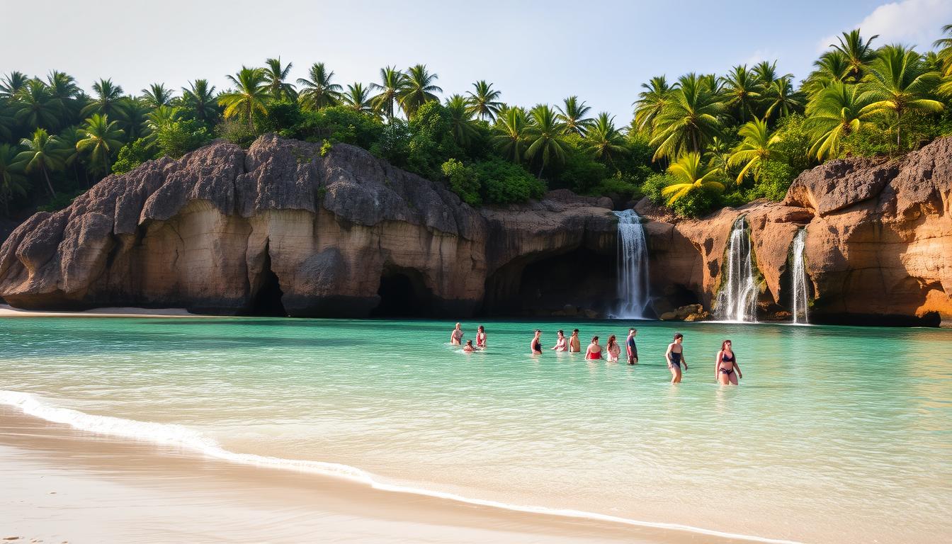 The Baths beyond the beach
