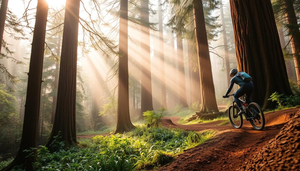 Mountain biking in Redwoods Forest Mountain biking in Redwoods Forest