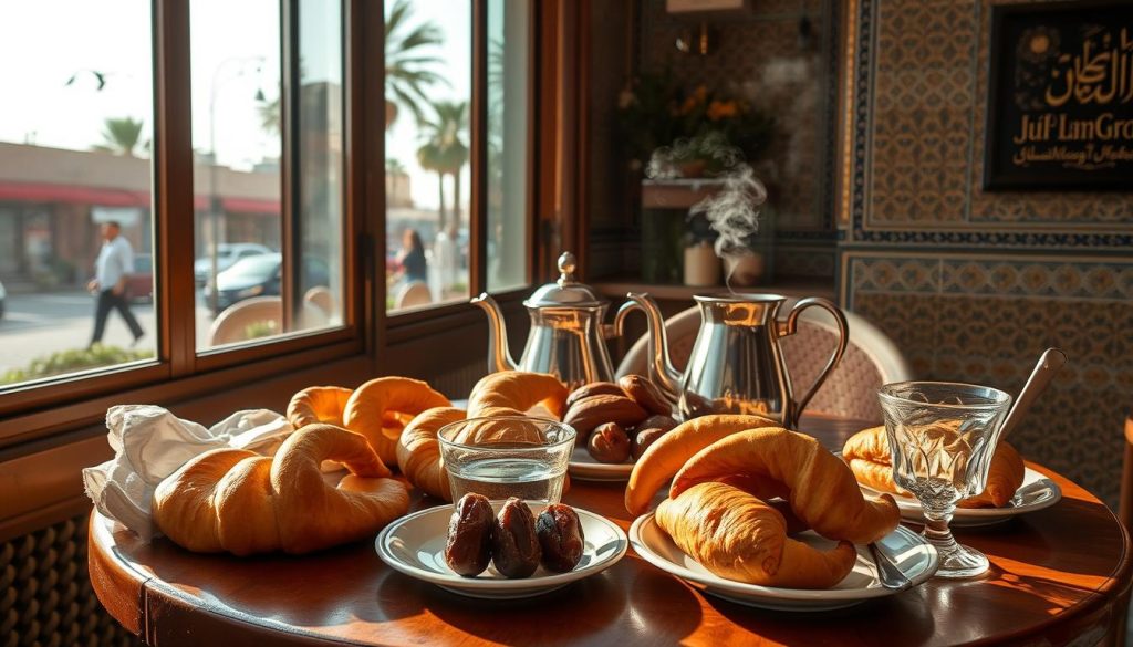 Moroccan breakfast with mint tea and pastries Moroccan breakfast with mint tea and pastries