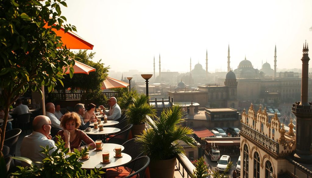 Cairo rooftop cafe with a view of historic minarets Cairo rooftop cafe with a view of historic minarets